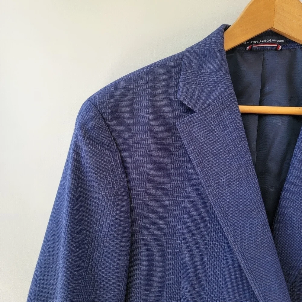 Tommy Hilfiger Navy Blue Blazer Mens 42L Vintage Plaid Preppy Sports Jacket